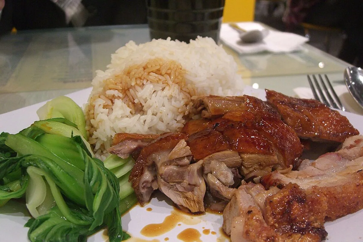 Sliced roast duck and roast pork with white rice and bok choy