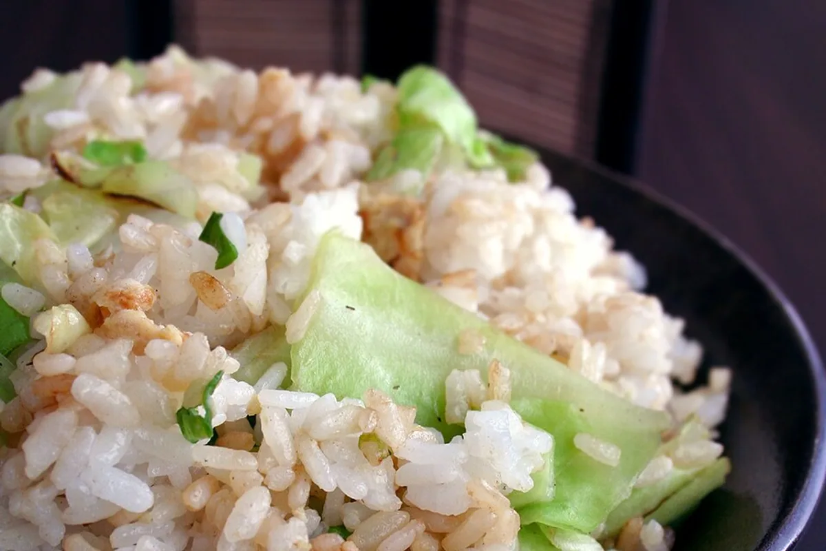Chinese vegetable fried rice with egg and pale green lettuce